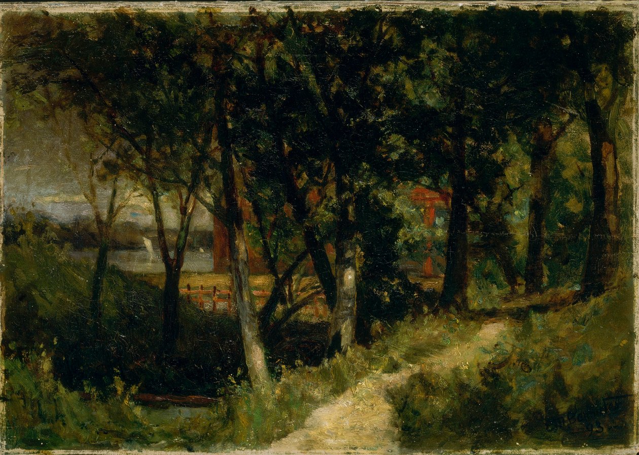 Sin título (paisaje, escena de bosque con valla roja y edificio) de Edward Mitchell Bannister