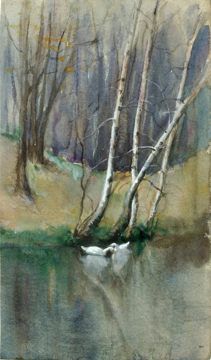 Escena de bosque sin título con abedules y patos de Edward Mitchell Bannister