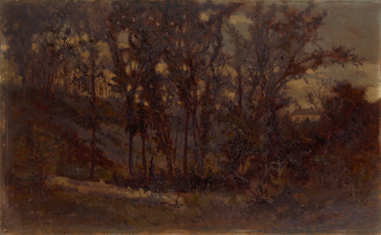 Escena de bosque sin título, árbol caído en primer plano y casa en el fondo de Edward Mitchell Bannister