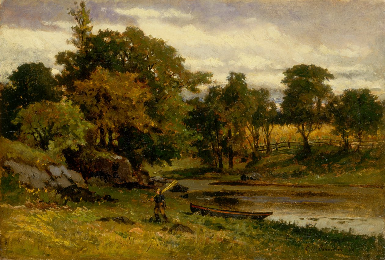 Paisaje sin título, barco amarrado cerca del arroyo, hombre caminando en primer plano de Edward Mitchell Bannister