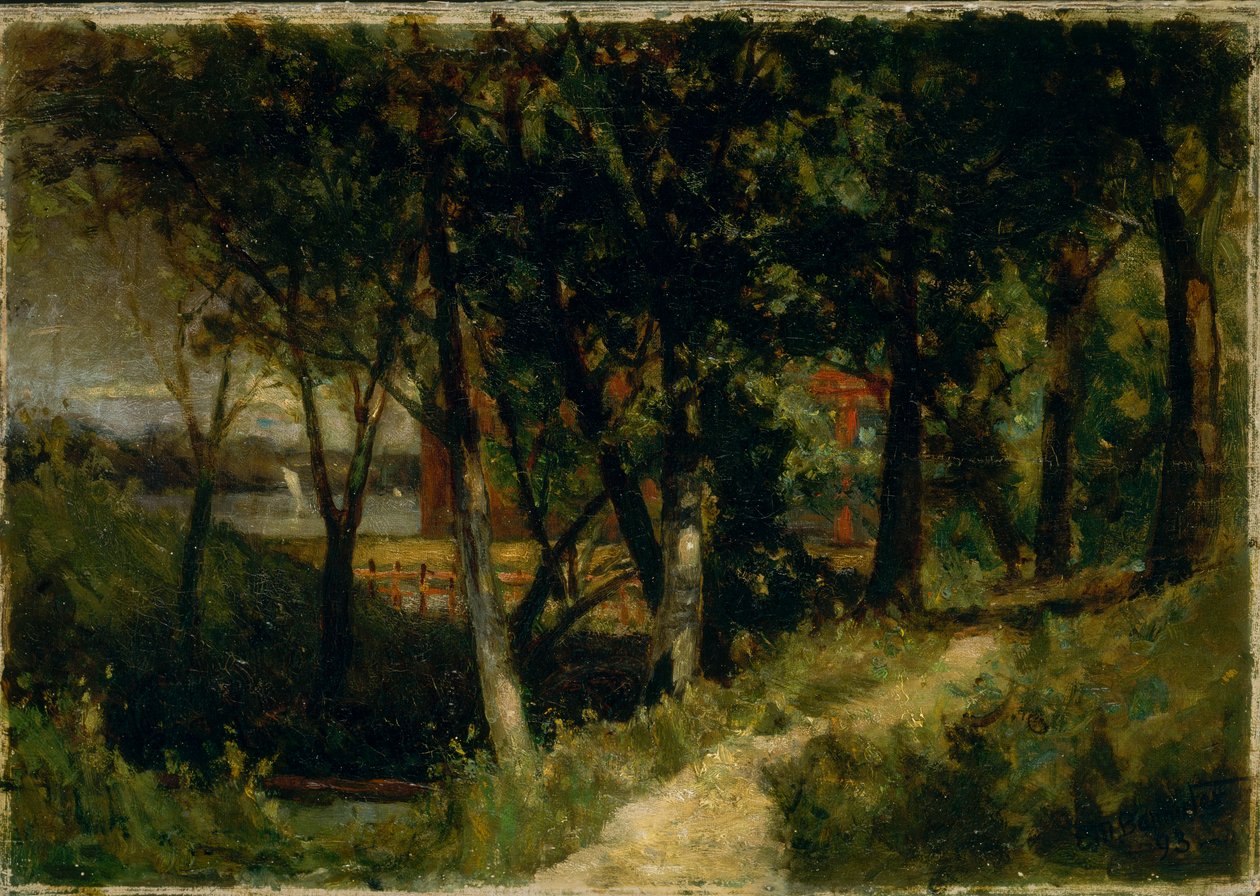 Paisaje sin título, escena de bosque con cerca roja y edificio, 1893 de Edward Mitchell Bannister