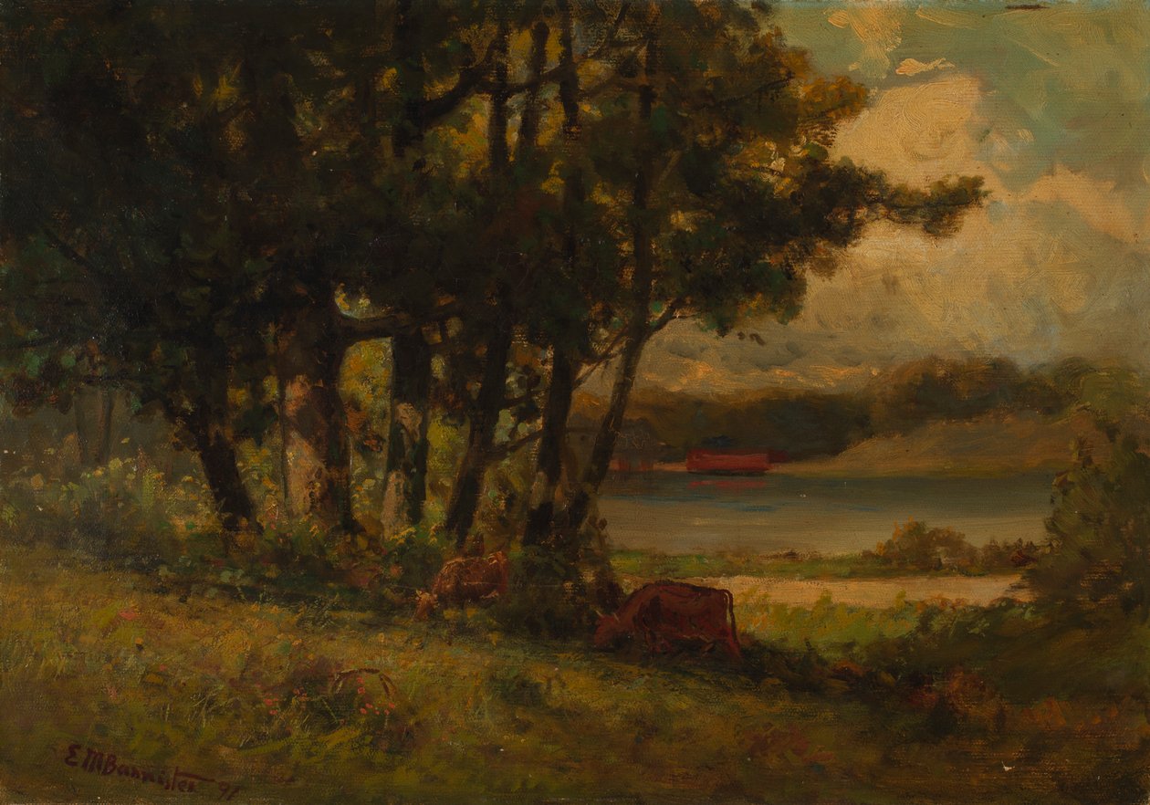 Paisaje sin título con vacas pastando cerca del río de Edward Mitchell Bannister