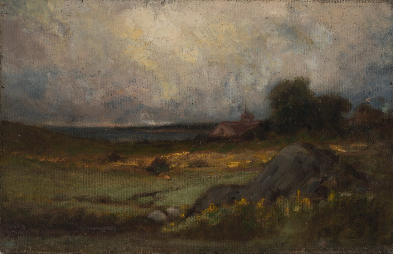 Paisaje sin título con roca en primer plano y techo con campanario, lago en el fondo de Edward Mitchell Bannister