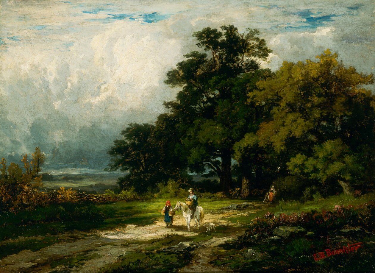 Hombre sin título en caballo con mujer y perro de Edward Mitchell Bannister