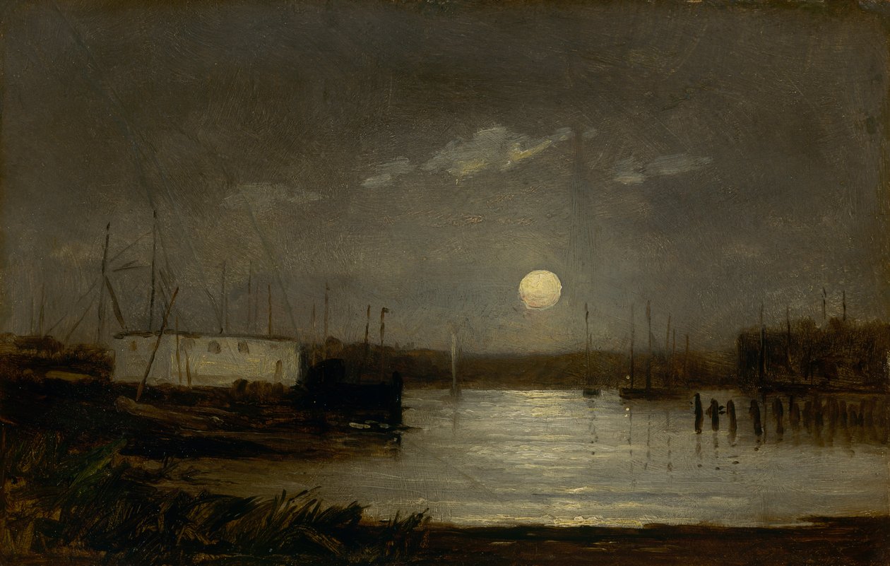 Sin título luna sobre un puerto, escena de muelle con luna llena y mástiles de barcos de Edward Mitchell Bannister