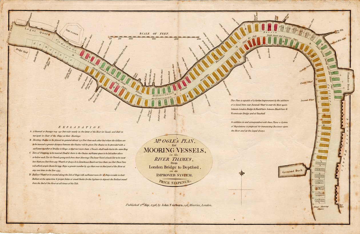 Plan del Sr. Ogle, para amarrar barcos, en el río Támesis, desde el Puente de Londres hasta Deptford, con un sistema mejorado. de Edward Ogle