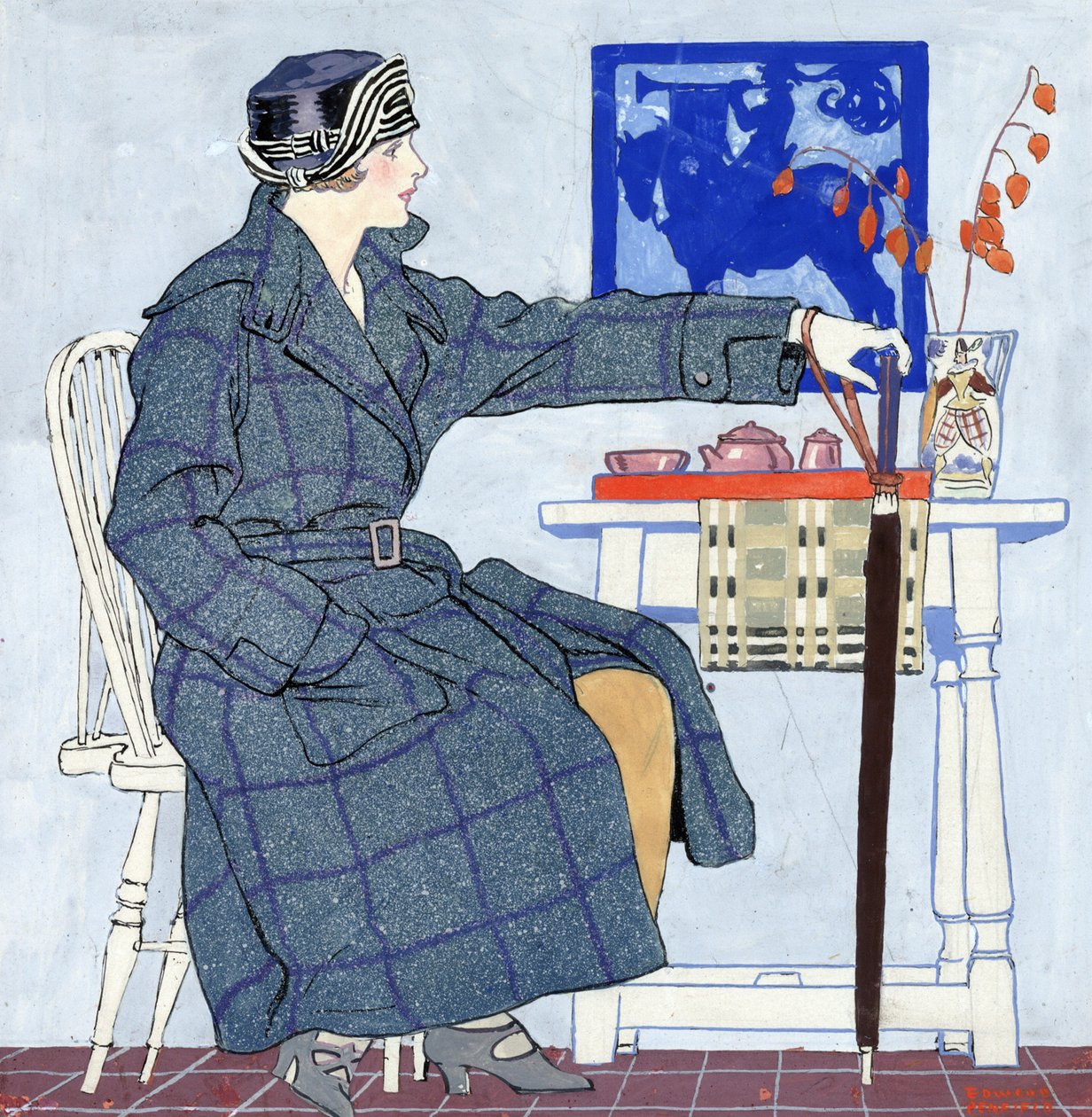 Una joven sentada junto a una mesa sosteniendo un paraguas de Edward Penfield