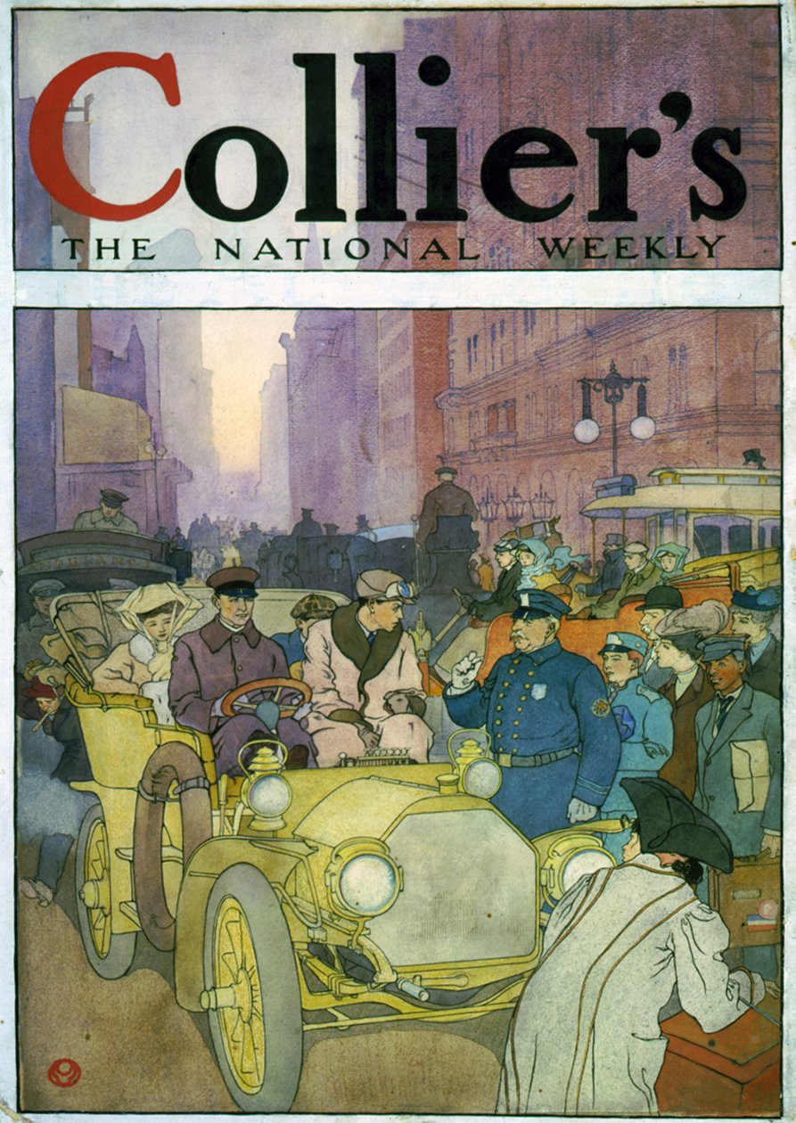 Automóvil en calle concurrida. Acuarela de Edward Penfield de Edward Penfield