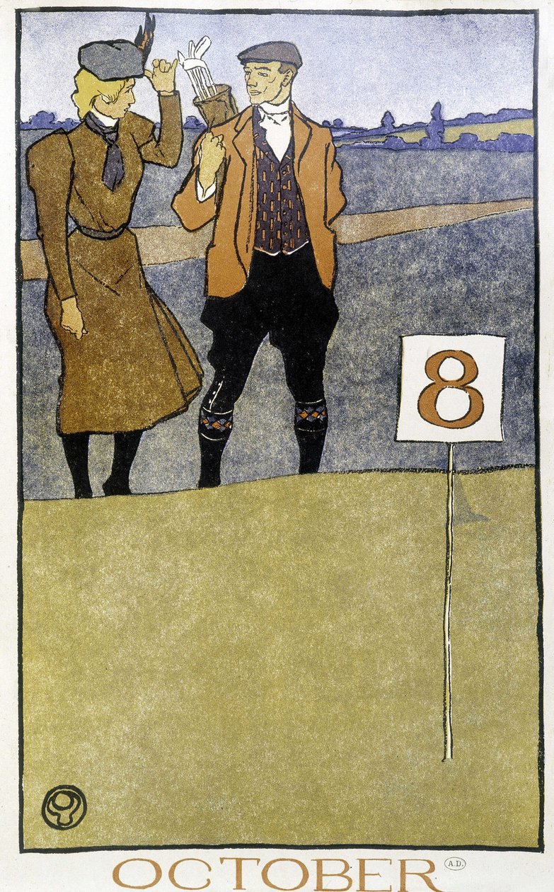 Pareja jugando al golf - en "Calendario de Golf" por Edward Penfield, ed. 1899 de Edward Penfield