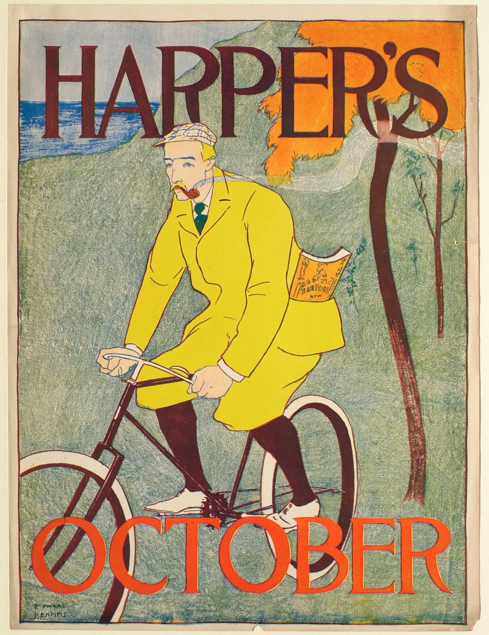 Hombre con traje amarillo en bicicleta, Harper