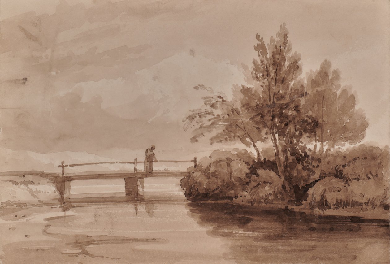 Escena fluvial con puente de madera y figura de Edward Pretty