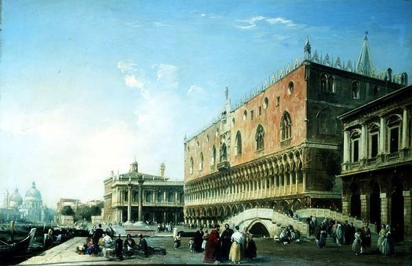 La Piazzetta, Venecia, con numerosas figuras junto al Palacio Ducal (óleo sobre lienzo) de Edward Pritchett