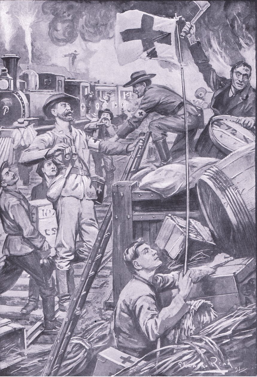 Falsos ambulancieros destruyendo almacenes en Komati Foort bajo la cobertura de la bandera de la Cruz Roja, ilustración de Después de Pretoria: La Guerra de Guerrillas, 1902 de Edward Read