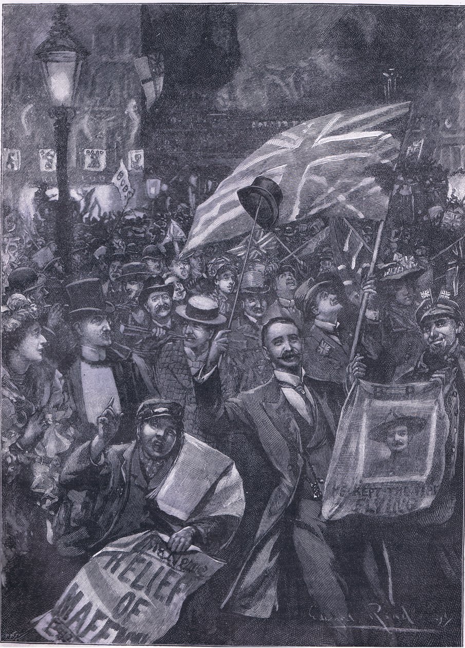 Noche de Mafeking en Londres, ilustración de la Historia de Inglaterra de Cassell, 1900s de Edward Read