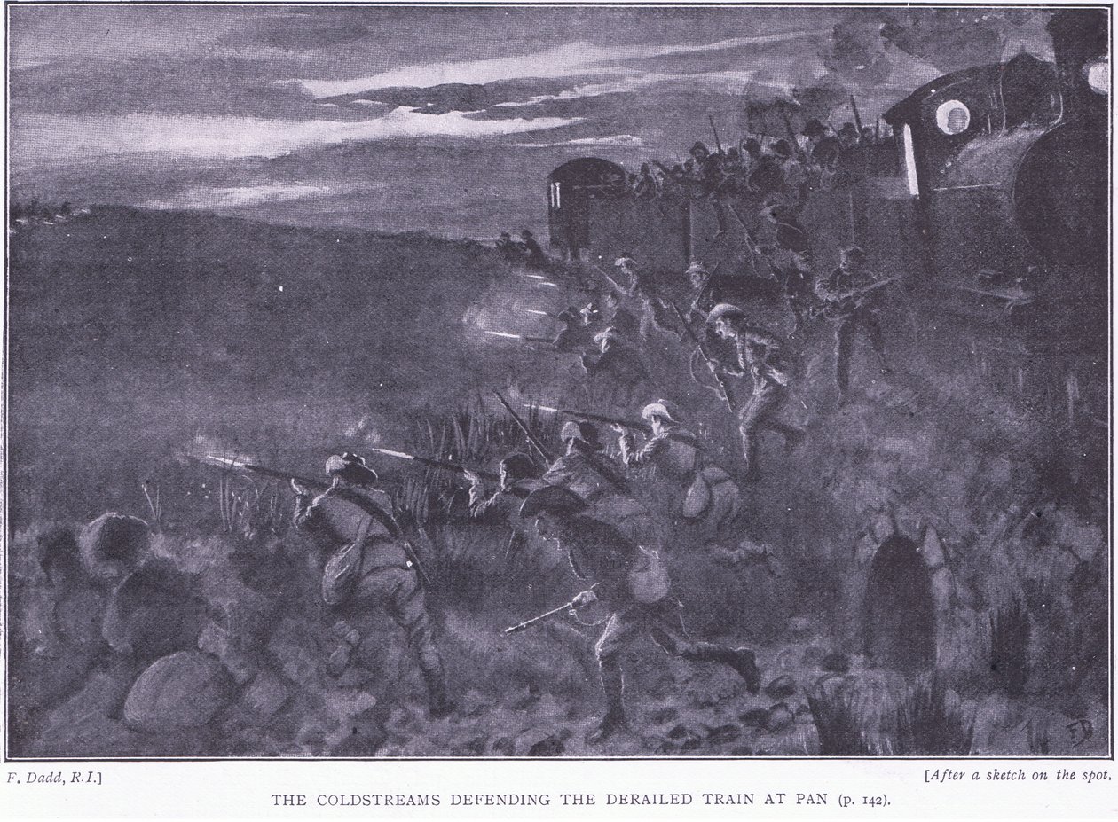 Los Coldstreams defendiendo un tren descarrilado, ilustración de Después de Pretoria: La Guerra de Guerrillas, 1902 de Edward Read