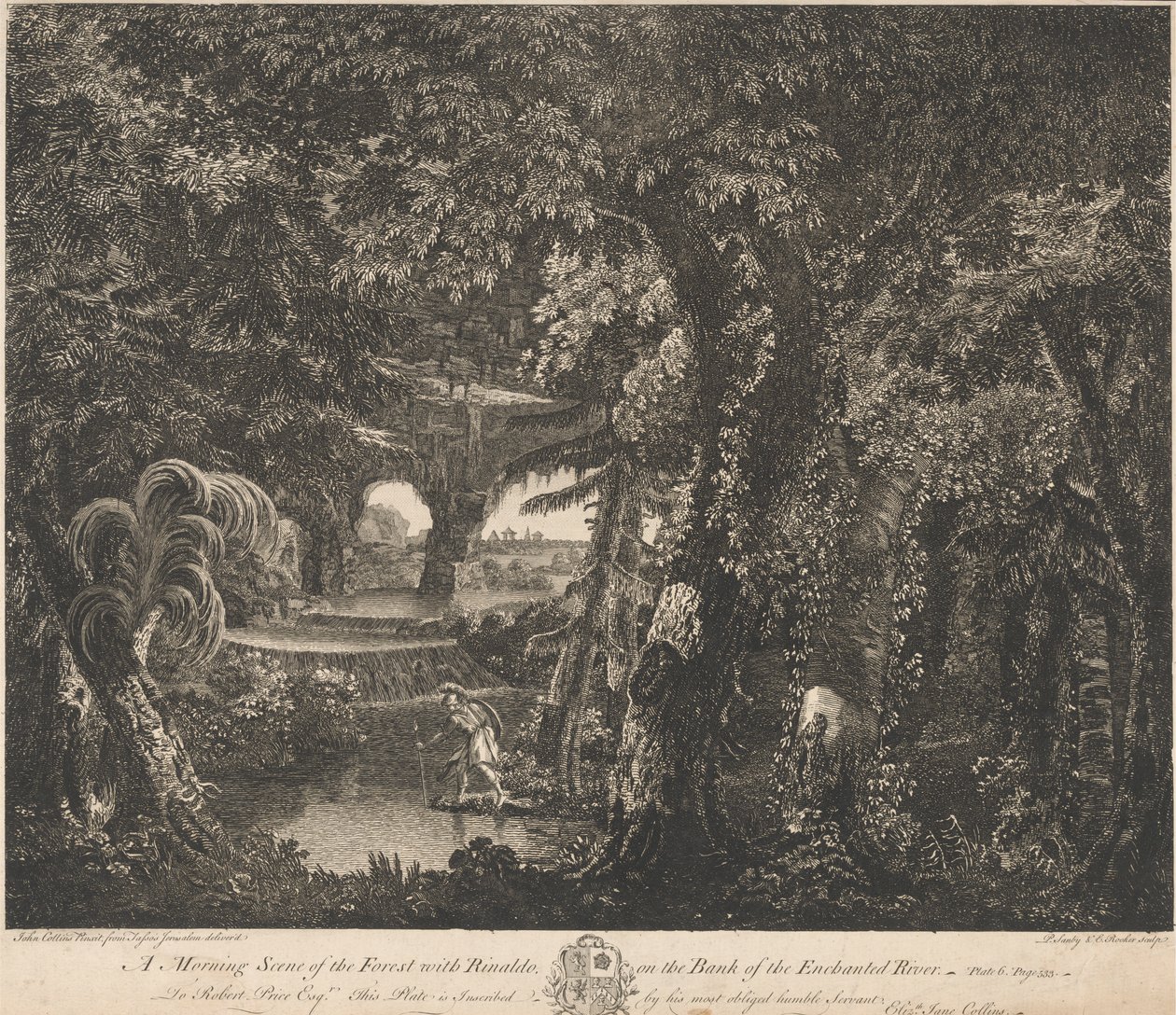 Escena matinal del bosque con Rinaldo en la orilla del río encantado de Edward Rooker