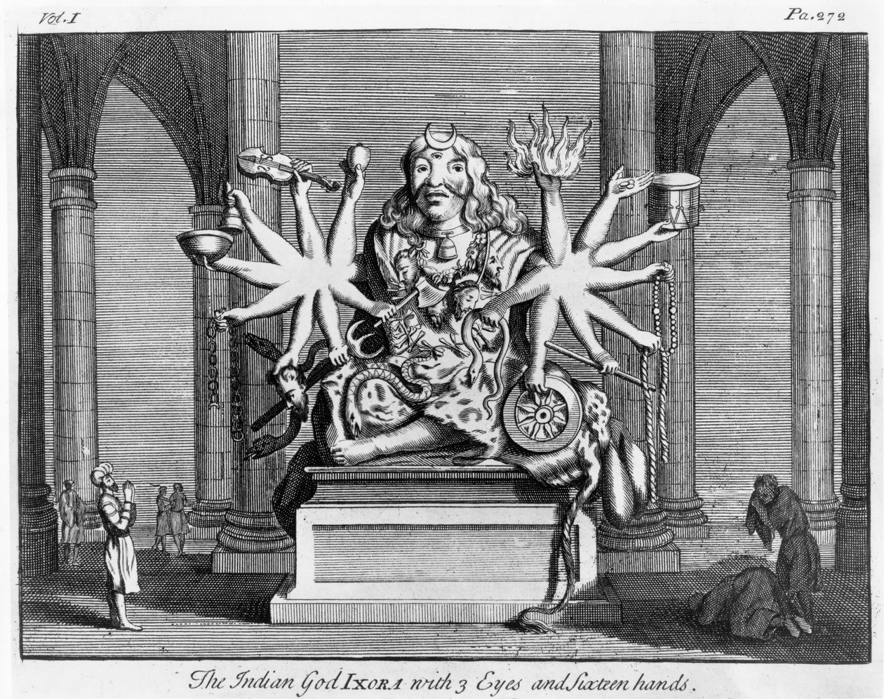 El dios indio Ixora con 3 ojos y dieciséis manos, c.1780 de Edward Rooker