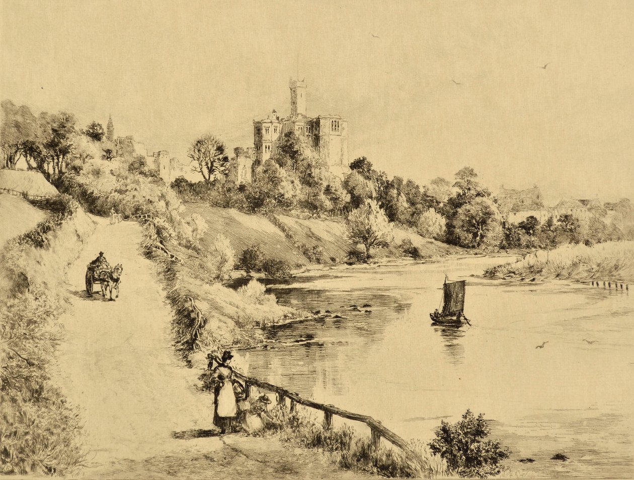 El Coquet: El castillo de Warkworth desde la carretera de Amble, c.1880 (grabado) de Edward Slocombe