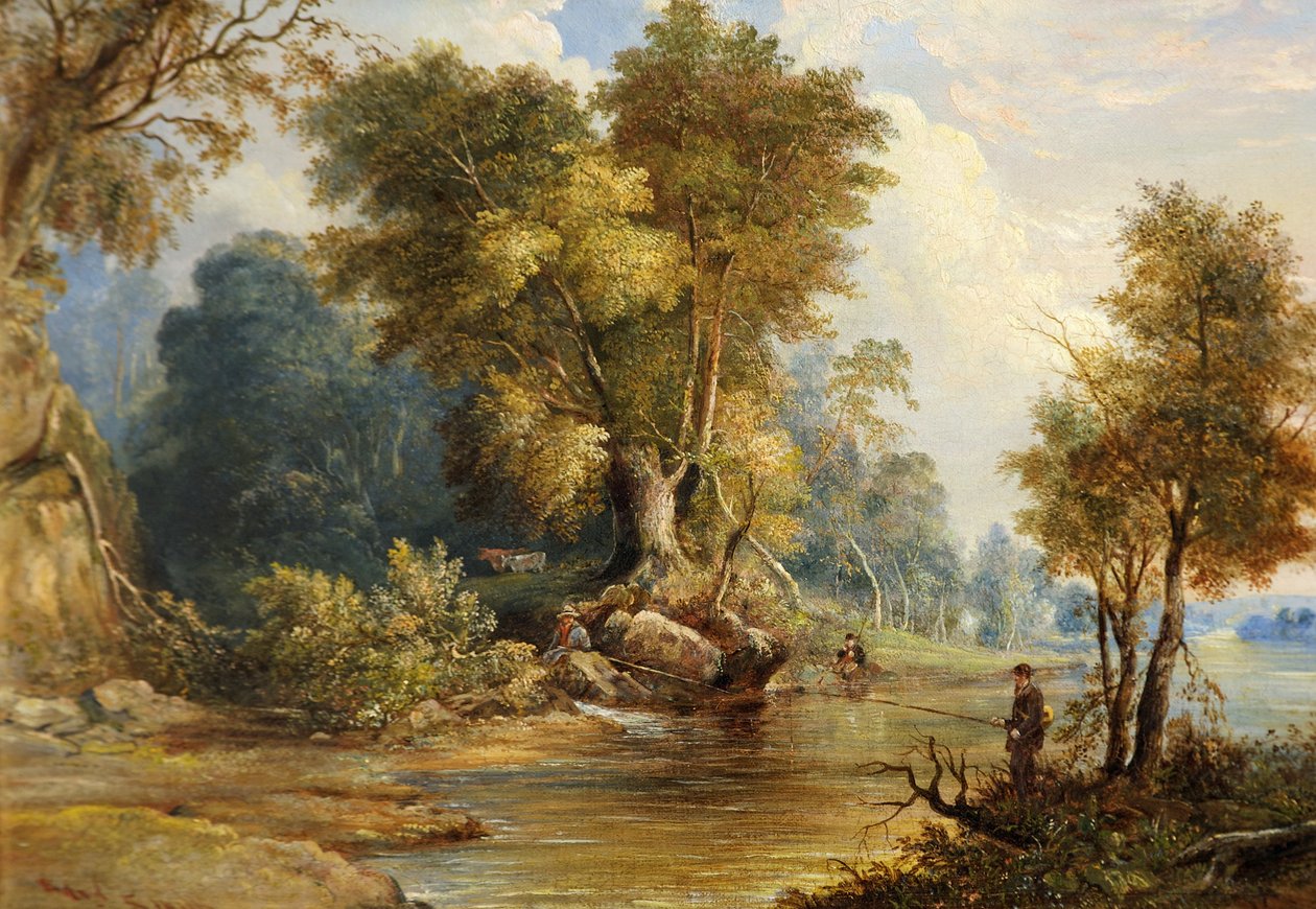 Escena del río con pescadores, el Leadon, Gloucestershire, c.1880 de Edward Smith