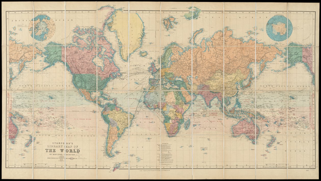 Mapamundi de la biblioteca de Stanford en proyección de Mercator de Edward Stanford