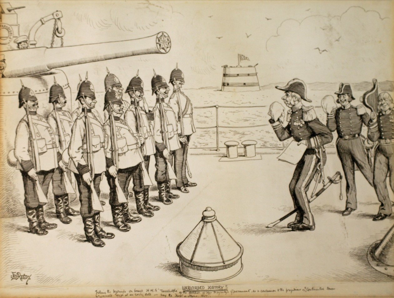 ¡Historia no registrada! Contando a los marines a bordo del HMS Taradiddle la determinación del Gobierno de Su Majestad - como una concesión al prejuicio de las potencias continentales - de evacuar Egipto en una fecha temprana: probablemente el primero de  de Edward Tennyson Reed