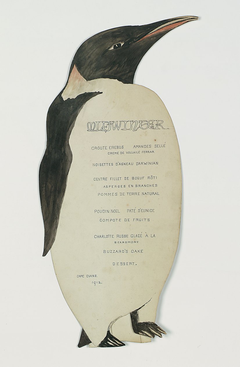Menú en forma de pingüino emperador, para la Cena del Día del Solsticio de Invierno, Cabo Evans, 22 de junio de 1912 de Edward W. Nelson