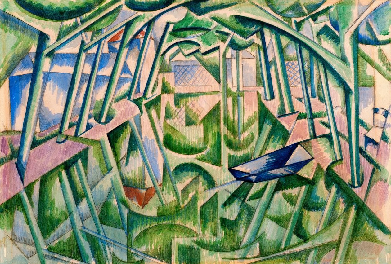 (Reflejos en el agua) Piscina con árboles y bote de Edward Wadsworth
