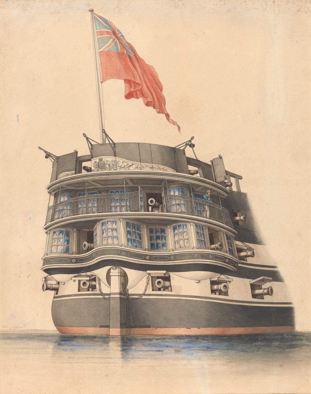 Vista detallada de la popa del HMS "Asia" con la enseña ondeando. de Edward William Cooke