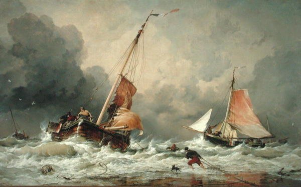 Pincks holandeses llegando y preparándose para zarpar con el regreso de la marea de Edward William Cooke