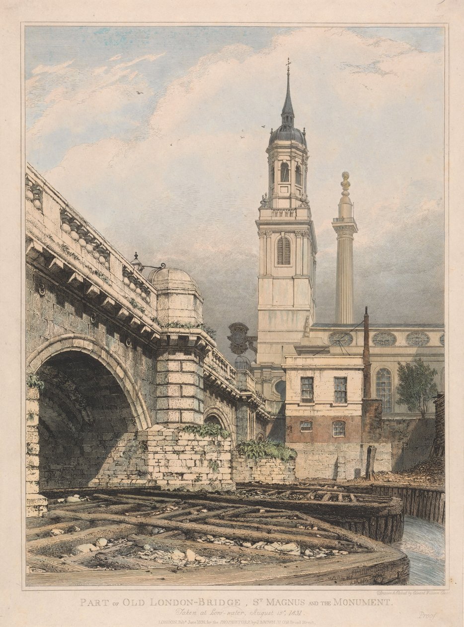 Parte del antiguo Puente de Londres, San Magnus y el Monumento de Edward William Cooke