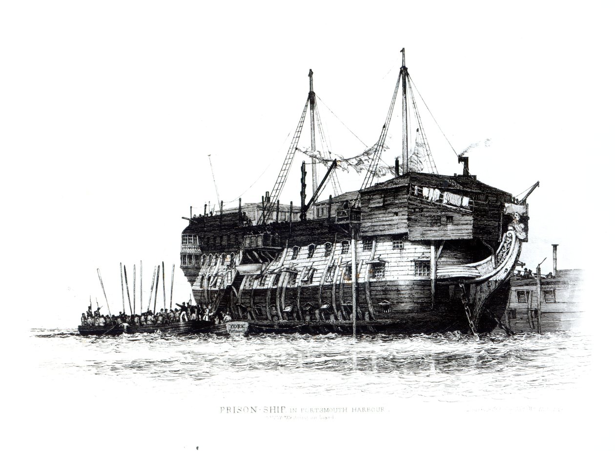 Barco prisión en el puerto de Portsmouth: convictos abordando, 1828 de Edward William Cooke