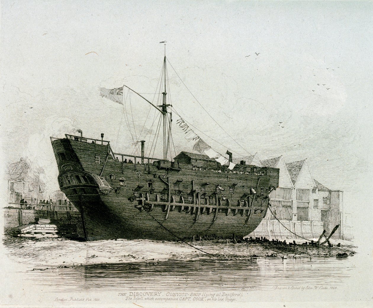 El "Discovery" (en Deptford), el barco que acompañó al Capitán Cook en su último viaje. de Edward William Cooke
