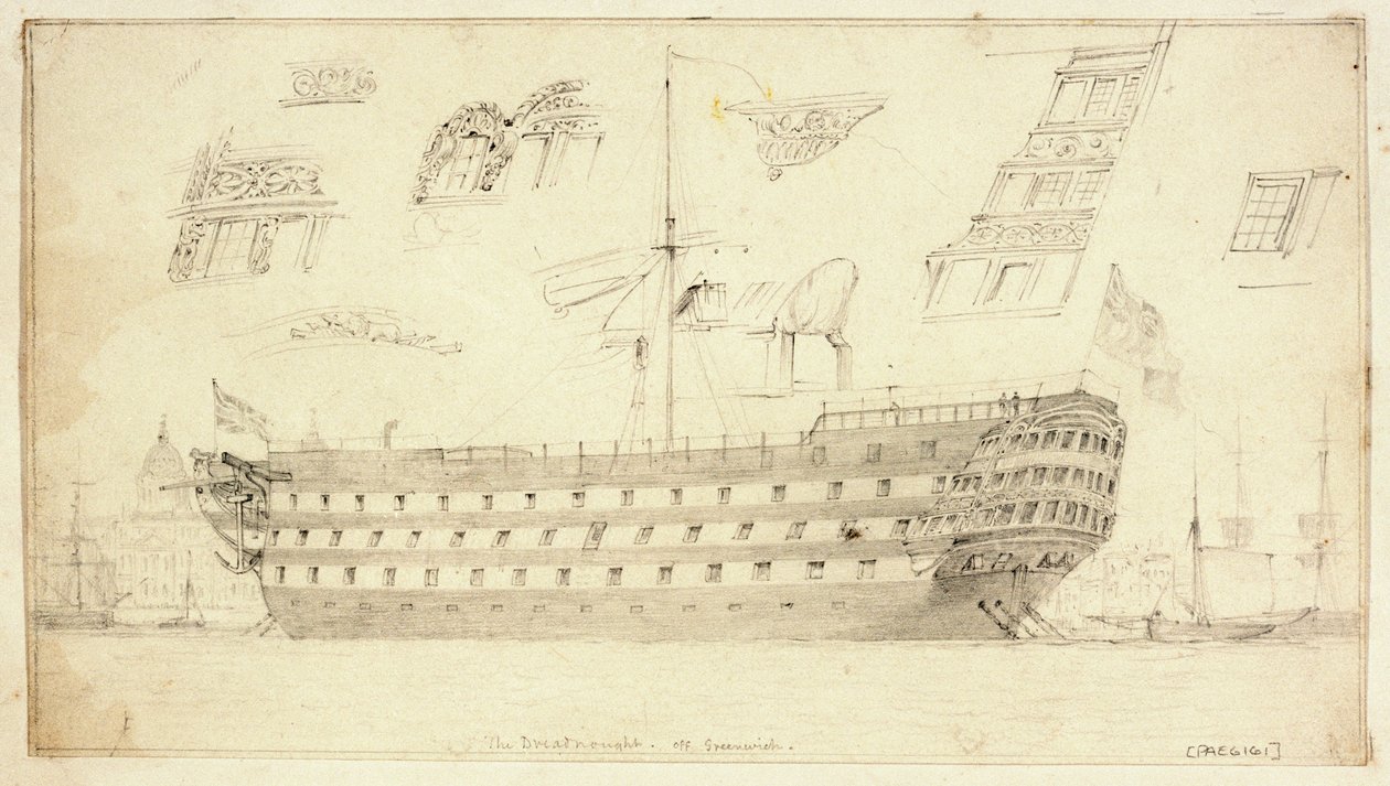 El "Dreadnought" frente a Greenwich, hacia 1830 (grafito) de Edward William Cooke