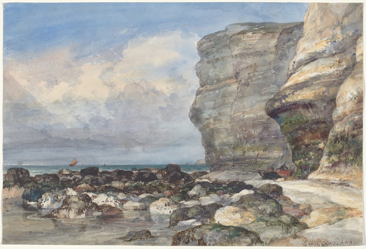 La playa rocosa y los acantilados de Fécamp de Edward William Cooke