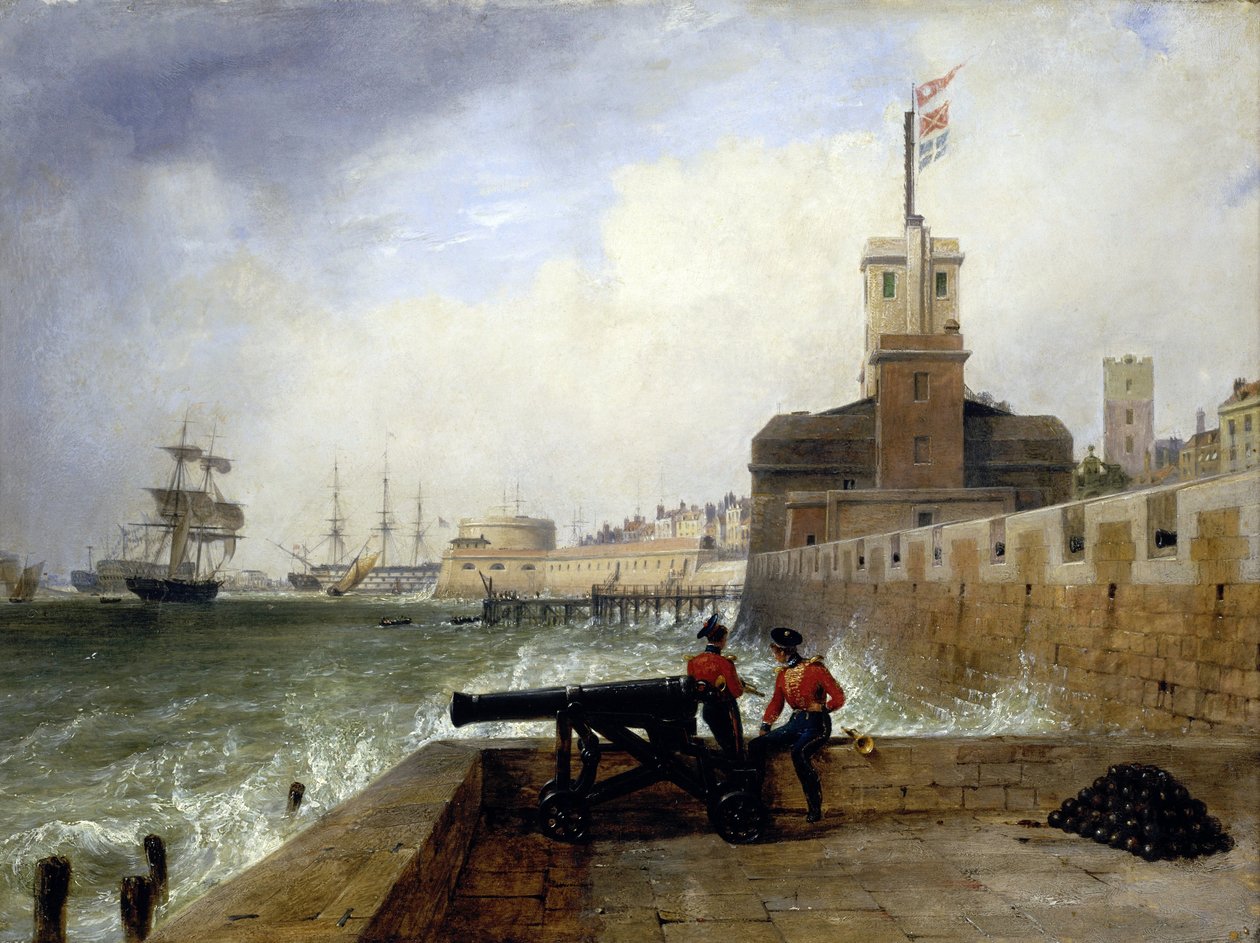 La Torre Semáforo a la entrada del puerto de Portsmouth (Inglaterra), en la Plataforma de Salvación, con dos soldados sentados en la pared junto a un cañón, al fondo, descripción de la ciudad y del muelle con la torre redonda. de Edward William Cooke