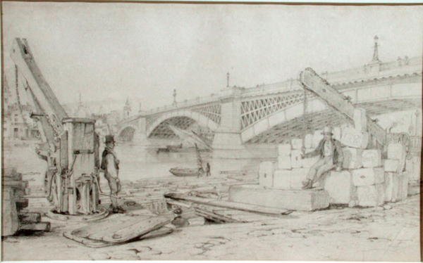 Vista del Puente de Southwark y el río Támesis desde Bankside, con dos grúas en primer plano de Edward William Cooke