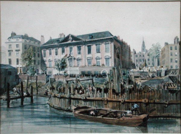 Vista de un dique de madera que encierra pilotes y grúas para el Puente de Londres de Edward William Cooke