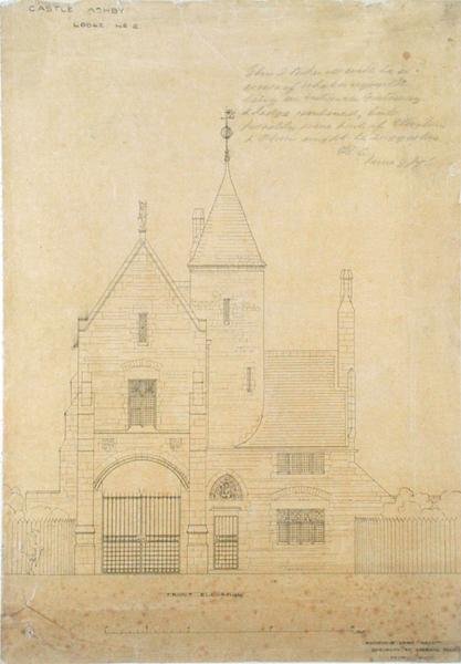 Elevación frontal del Castillo Ashby, Lodge No.2 de Edward William Godwin
