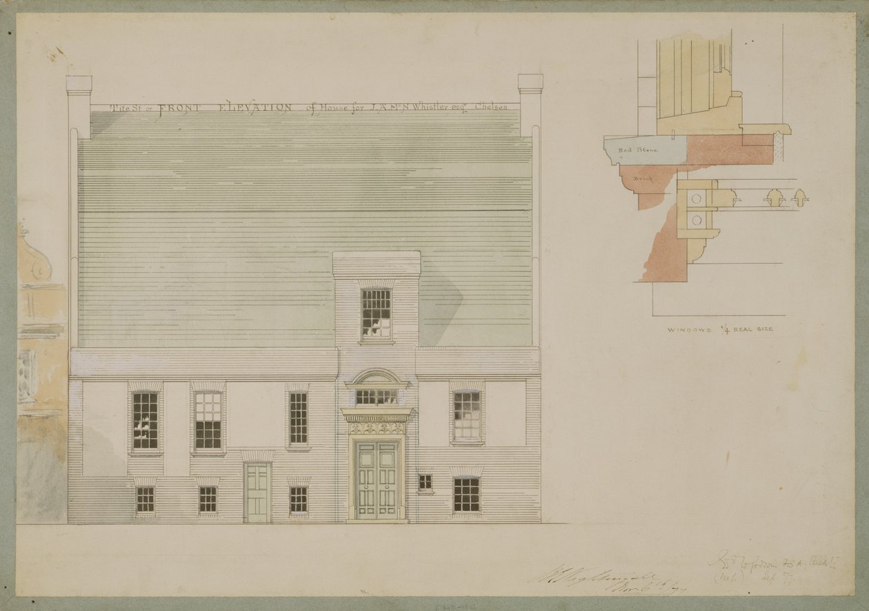 Elevación frontal de la casa para J.A.M. Whistler Esq, Tite Street, Chelsea, 1877 de Edward William Godwin