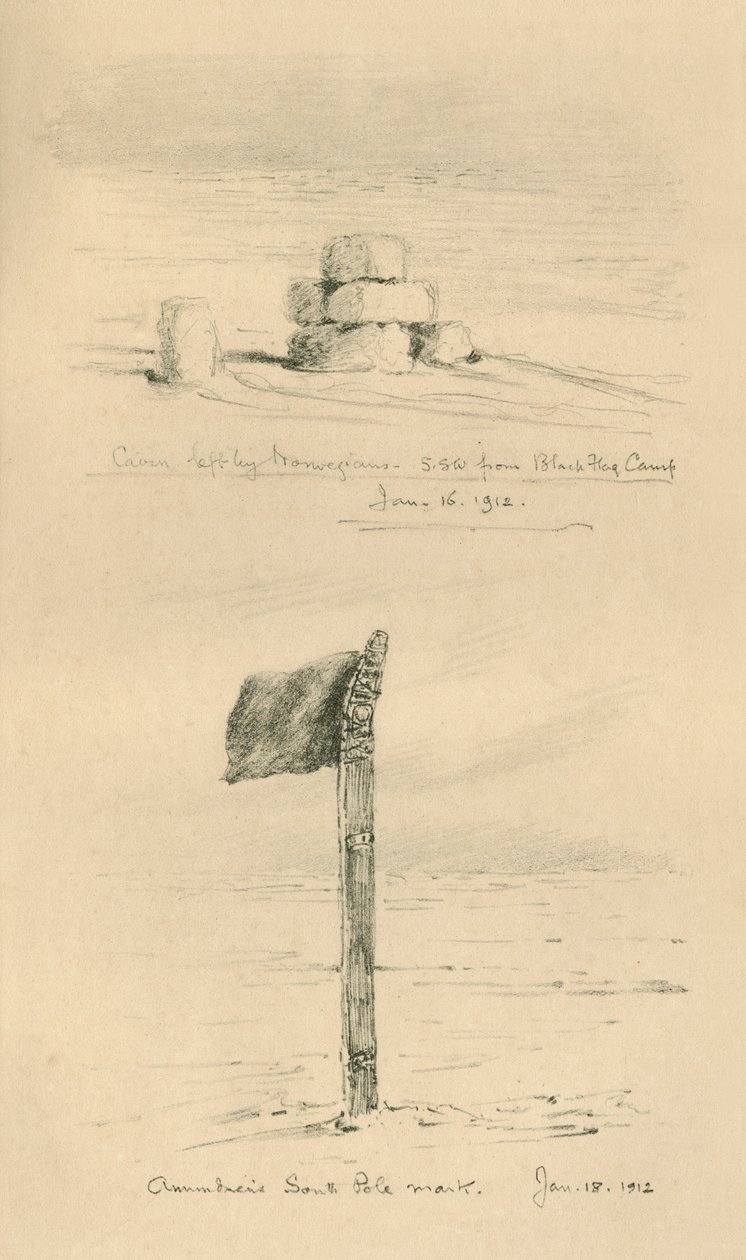 Cairn dejado por los noruegos y la marca del Polo Sur de Amundsen, enero de 1912, 1913 de Charles Edward Wilson