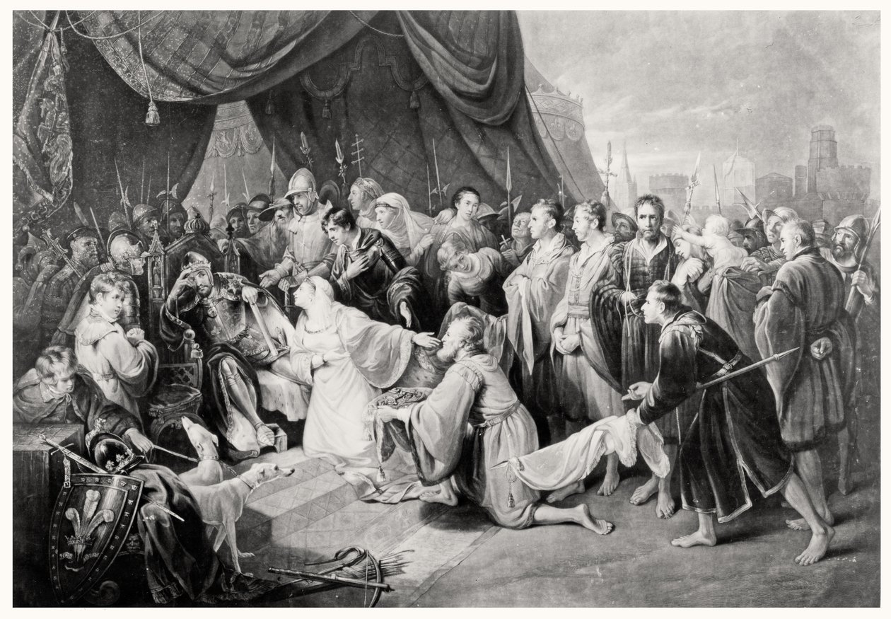 La rendición de Calais, 4 de agosto de 1347, grabado por John Young de Edward after Bird