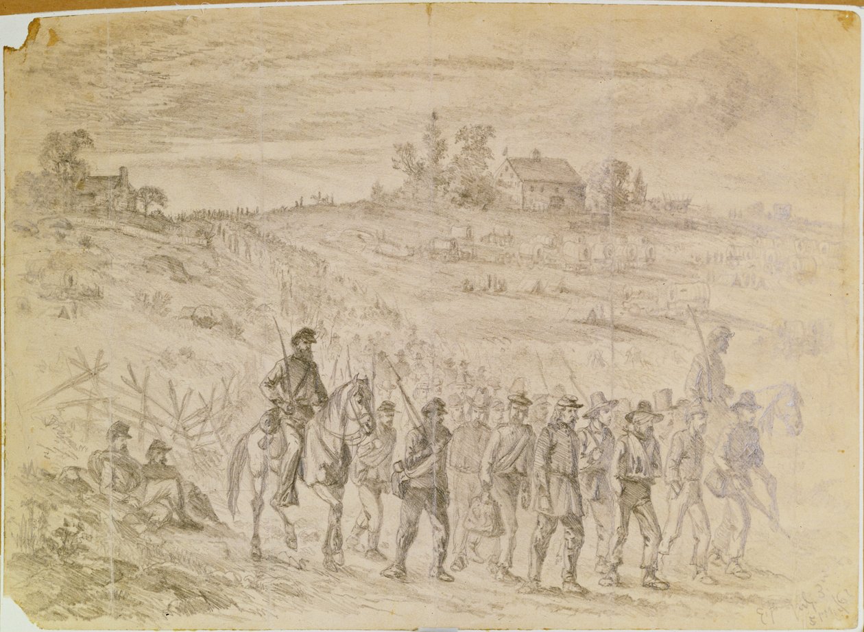 La Batalla de Gettysburg: Prisioneros pertenecientes al Cuerpo del General Langstreet capturados por las tropas de la Unión marchando hacia la retaguardia bajo custodia de Edwin Austin Forbes
