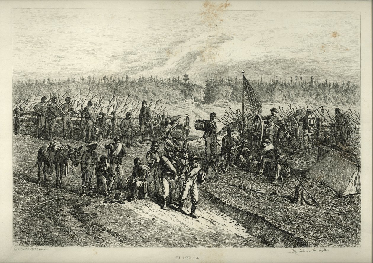 Impresión de soldados esperando en las líneas del frente detrás de una barricada. Tres soldados y un hombre afroamericano con una mula están de pie y sentados alrededor de una fogata, mientras un grupo de otros soldados pasa. de Edwin Austin Forbes