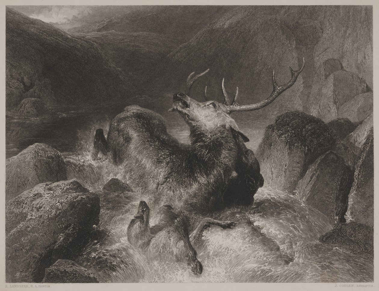 Muerte del ciervo, grabado por John Cousen de Edwin (after) Landseer