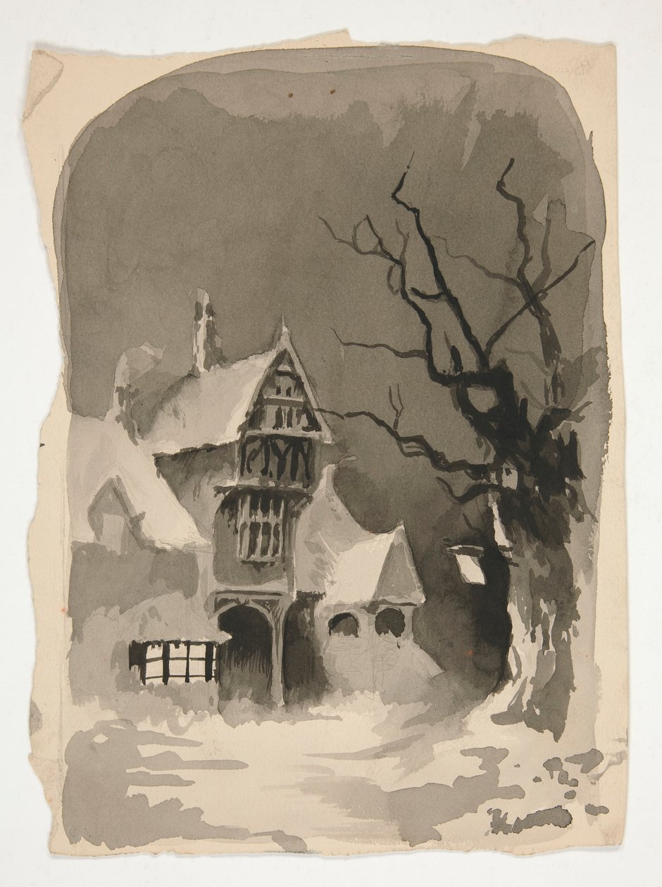 Una escena de invierno: Casa en la nieve (anverso); Estudios de figuras surtidas (verso) de Edwin Austin Abbey