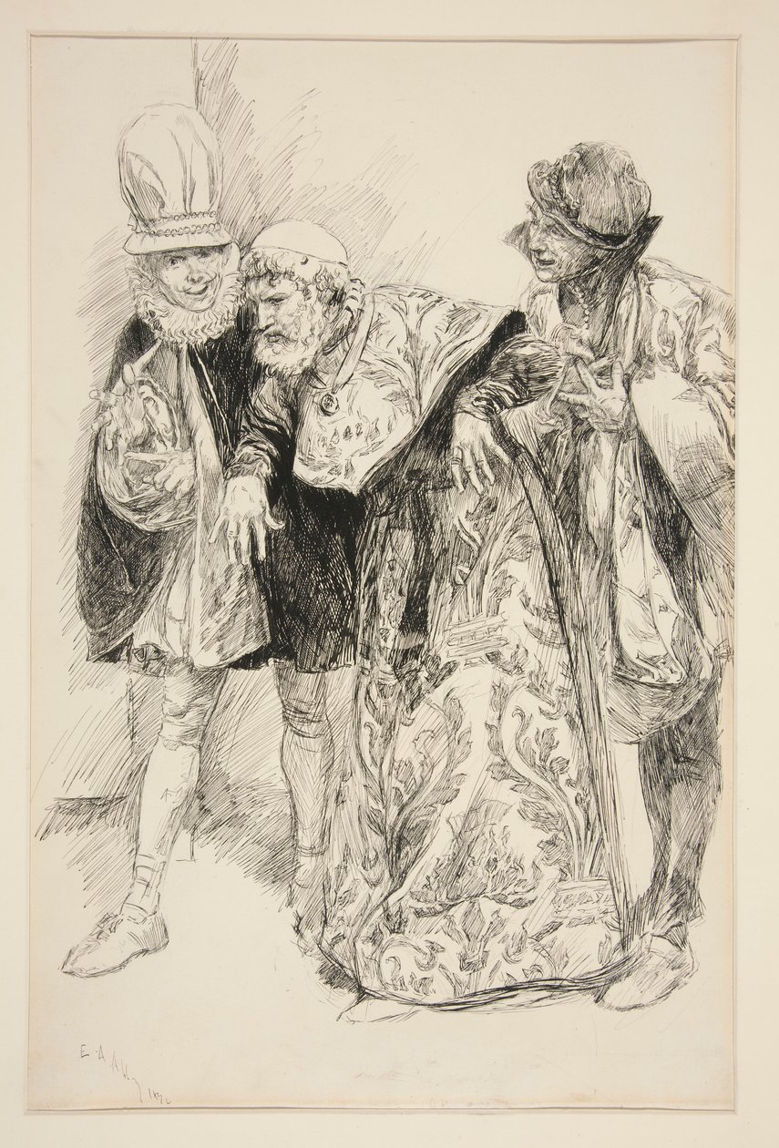 Protestas de Baptista, ilustración para el Acto I, Escena i, La fierecilla domada de Edwin Austin Abbey