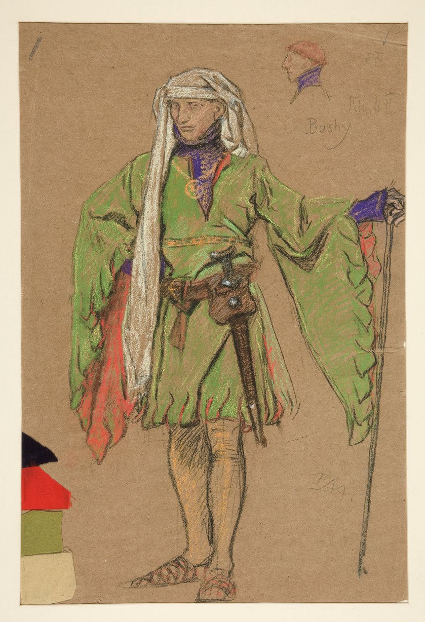 Bushy, boceto de vestuario para el rey Ricardo II de Edwin Austin Abbey