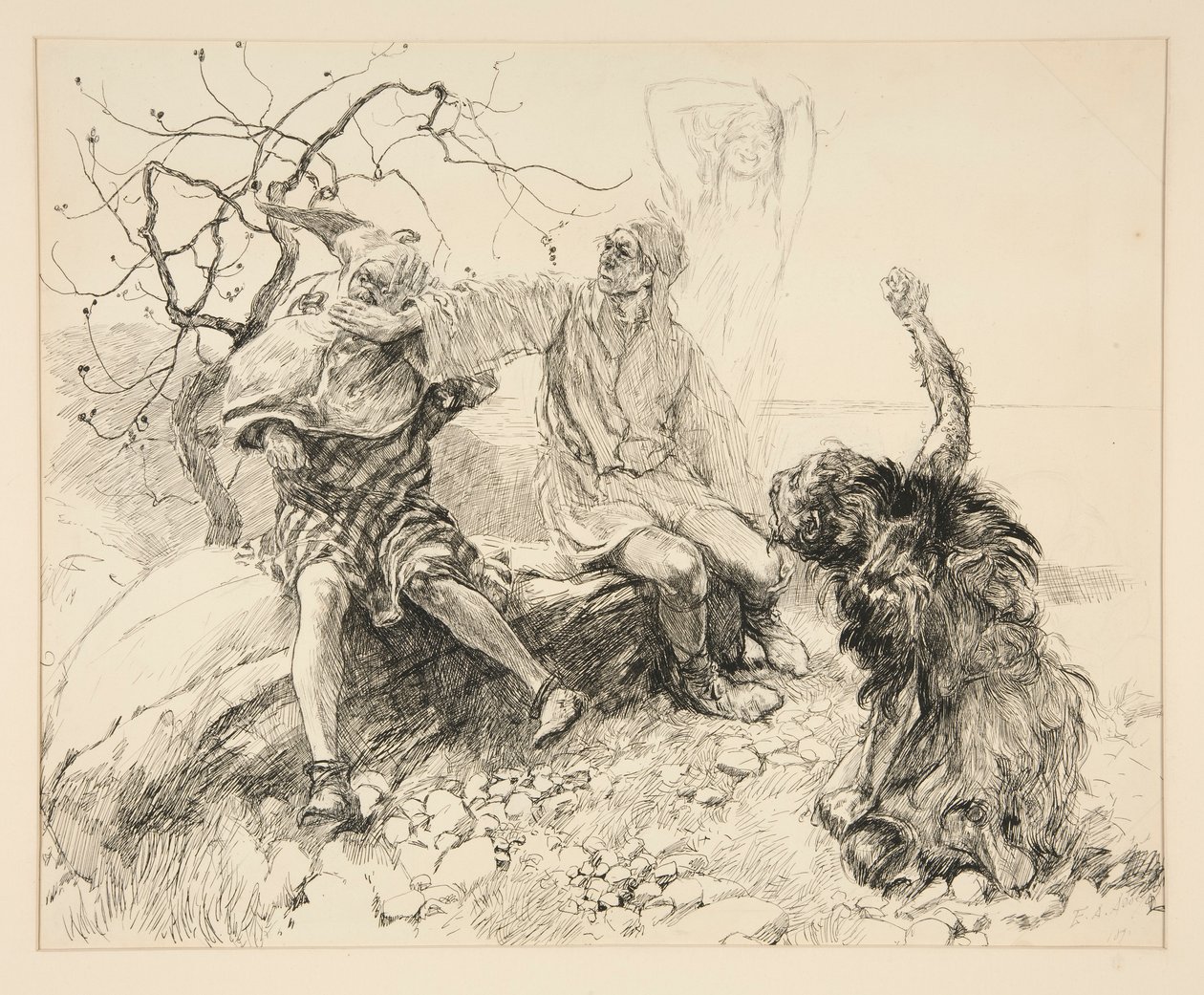 Calibán, Stephano y Trinculo (Ariel invisible), ilustración para el Acto II, Escena II, La Tempestad de Edwin Austin Abbey