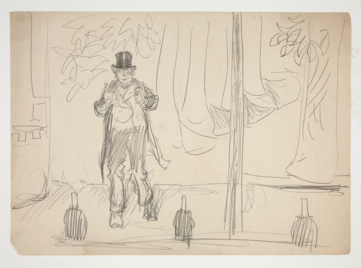 Caricatura de una actriz en el escenario (?) - ilustración no identificada de Edwin Austin Abbey