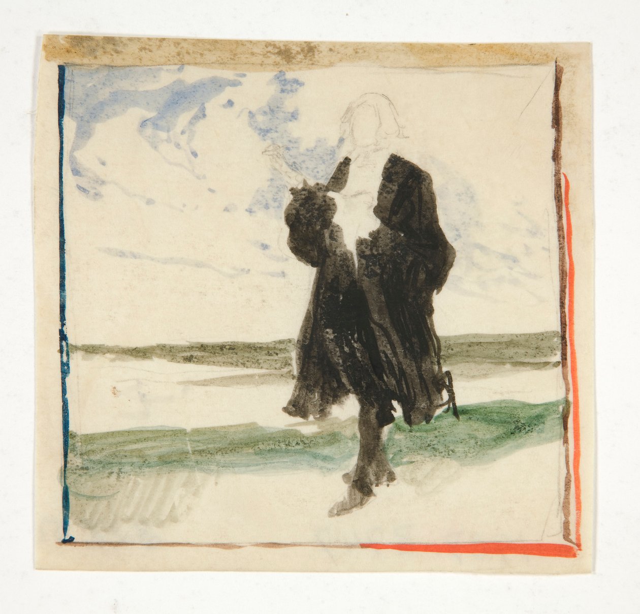 Hombre encapuchado en paisaje - ilustración no identificada de Edwin Austin Abbey